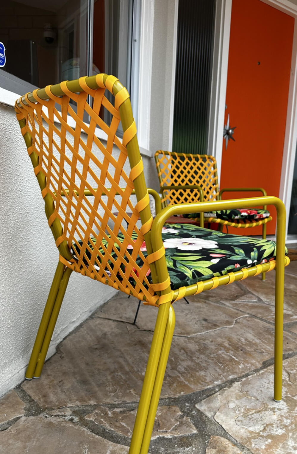Patio furniture restoration in Los Angeles - restored outdoor chair with new strapping